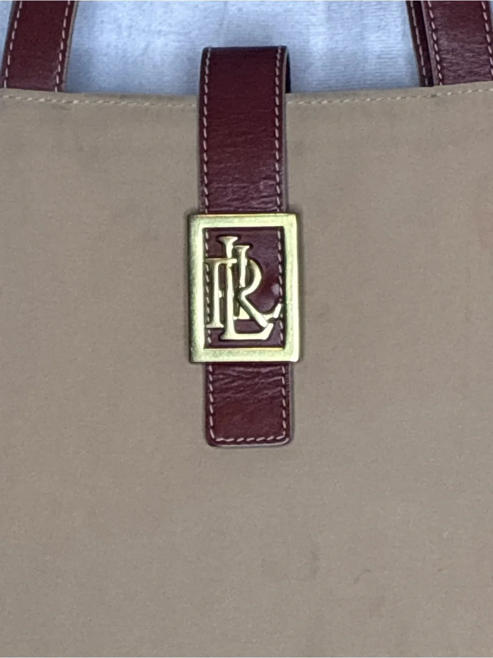 Vintage Lauren Ralph Lauren Beige and Brown Tote Bag with Gold Accent